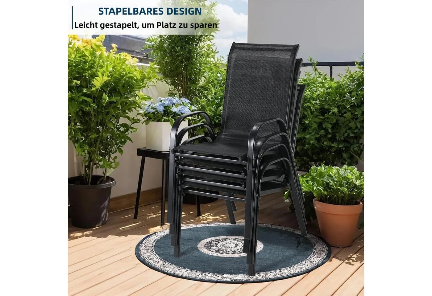 TLGREEN Stapelstuhl Gartenstühle Hochlehner Schwarz Stahlgestell 4 St - Bild 5