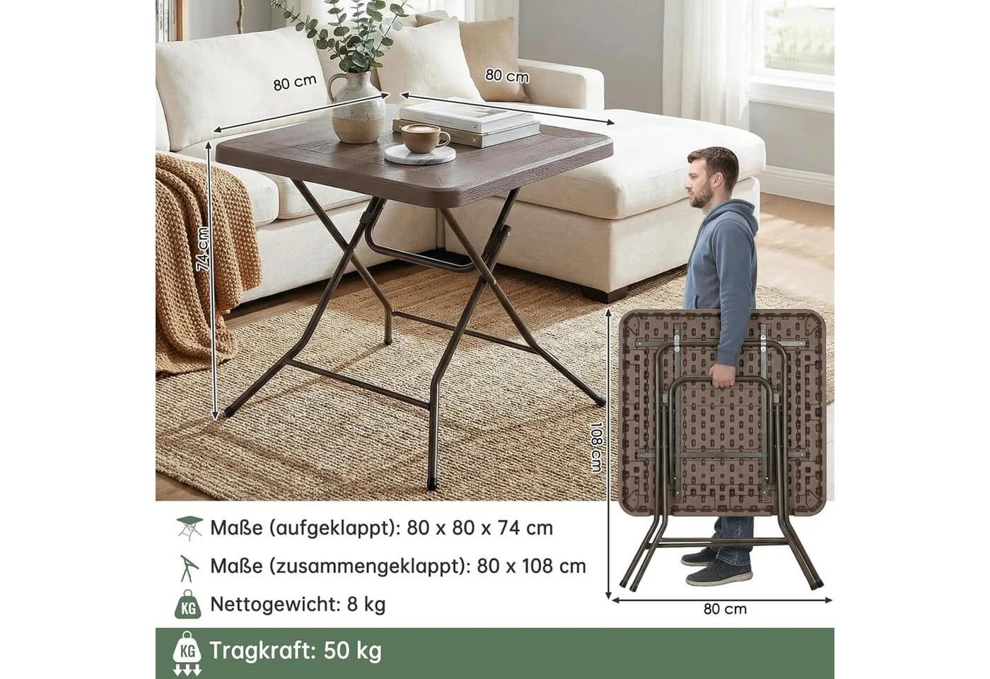 TLGREEN Gartentisch Klappbar Holzoptik 80x80x74cm - Bild 3