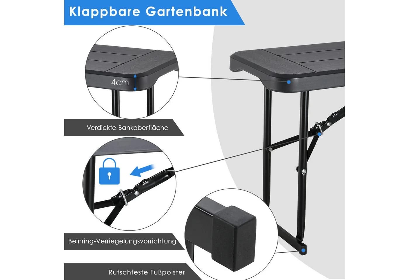 TLGREEN Gartenbank 2er Set Klappbar Grau HDPE & Stahl - Bild 5