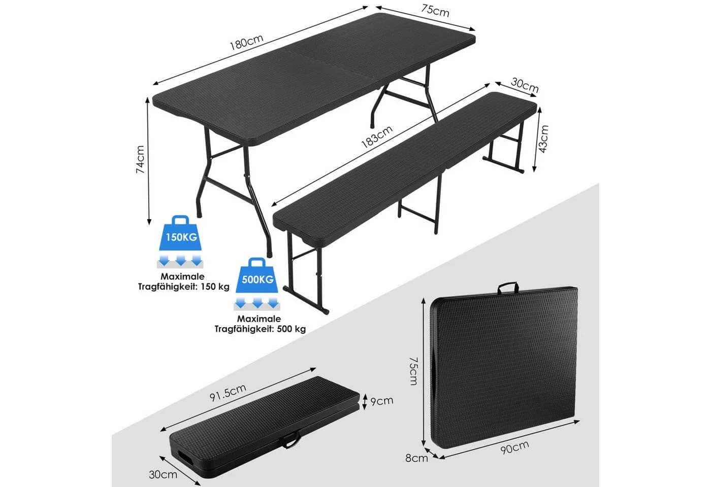 TLGREEN Bierzeltgarnitur Klappbar 3-teilig Schwarz HDPE Stahl