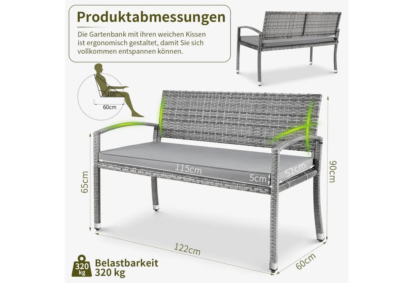 TLGREEN Gartenbank 2-Sitzer Rattan Sofa grau mit Kissen