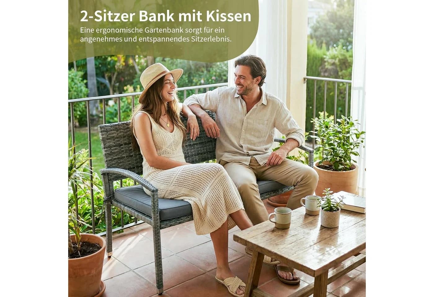 TLGREEN Gartenbank 2-Sitzer Rattan Sofa grau mit Kissen - Bild 3