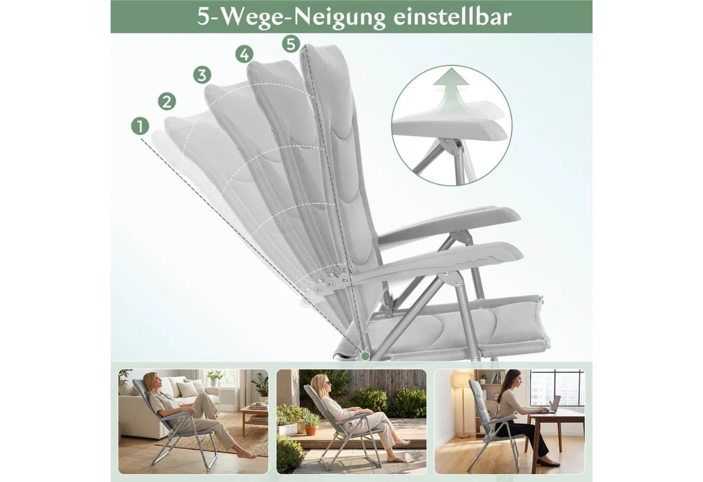 TLGREEN Klappstuhl 6-fach verstellbar Aluminium grau - Bild 3