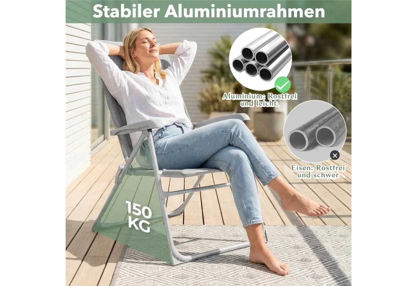 TLGREEN Klappstuhl 6-fach verstellbar Aluminium grau - Bild 4
