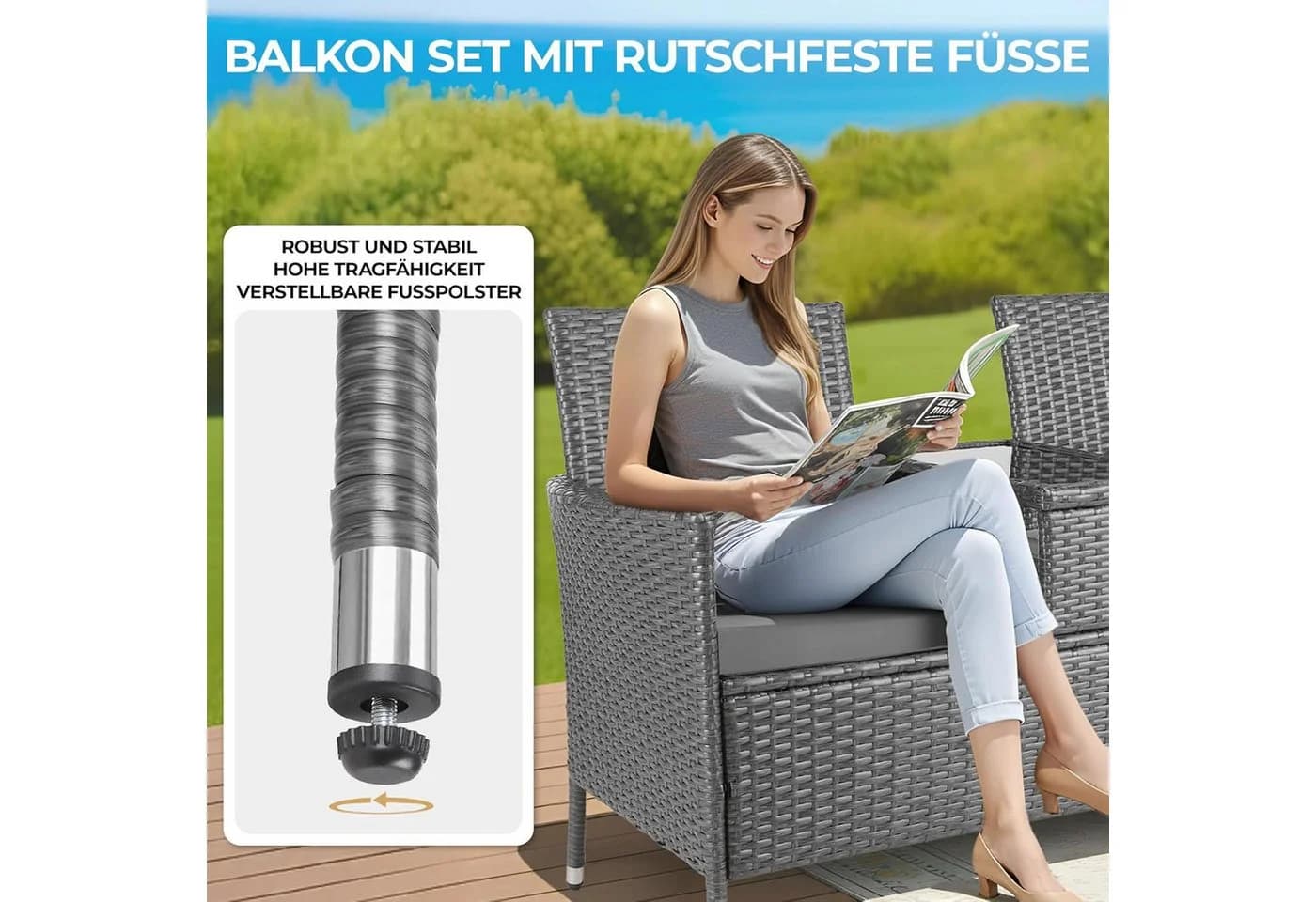 TLGREEN Balkonset Polyrattan Gartenbank 2er Set Grau mit Tisch
