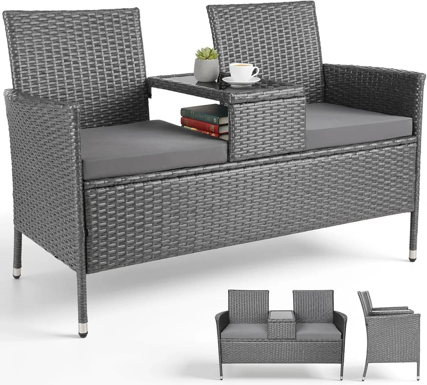 TLGREEN Balkonset Polyrattan Gartenbank 2er Set Grau mit Tisch - Bild 2