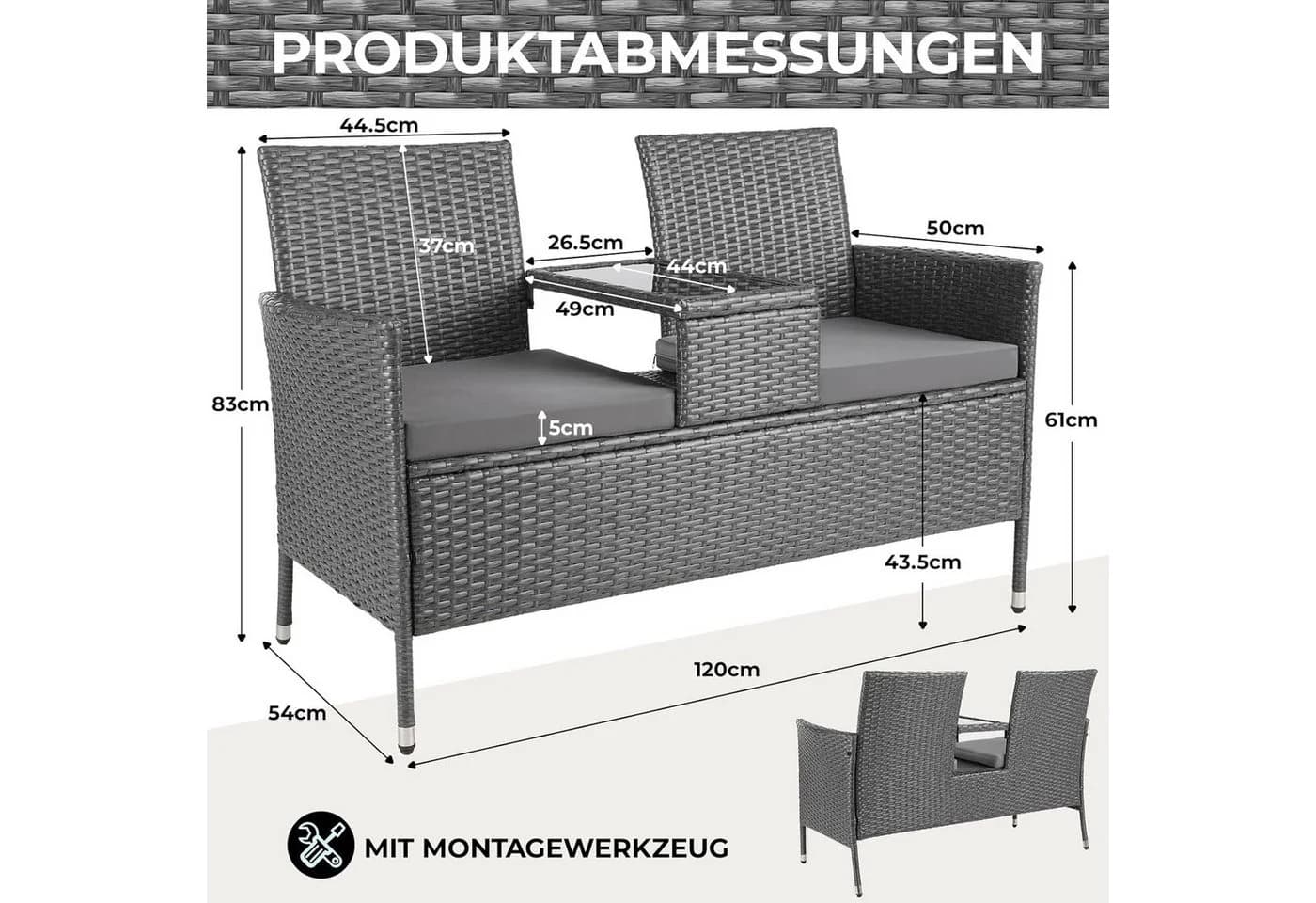 TLGREEN Balkonset Polyrattan Gartenbank 2er Set Grau mit Tisch - Bild 3