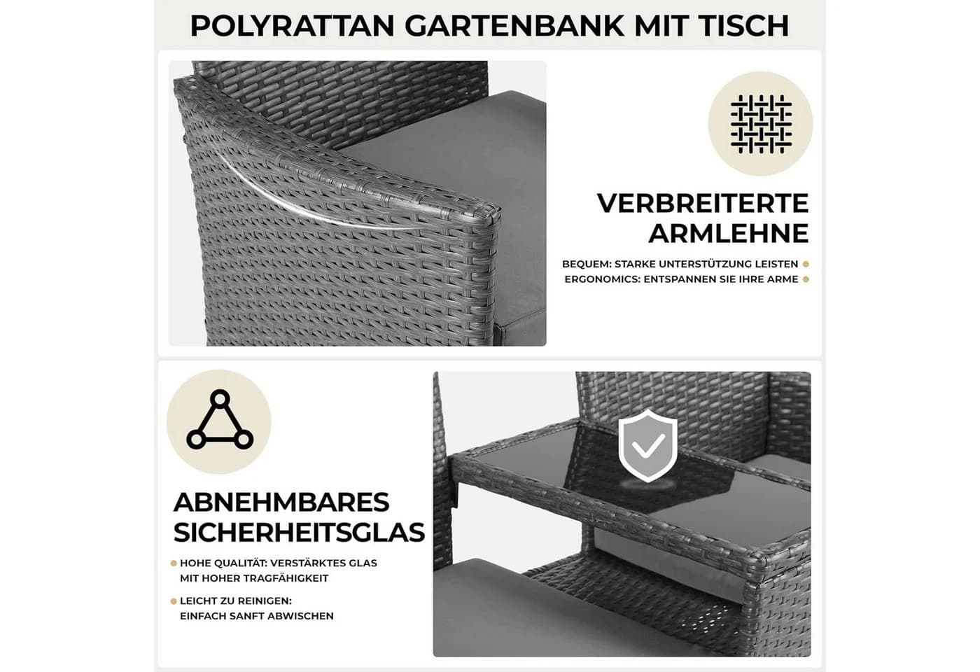 TLGREEN Balkonset Polyrattan Gartenbank 2er Set Grau mit Tisch - Bild 4