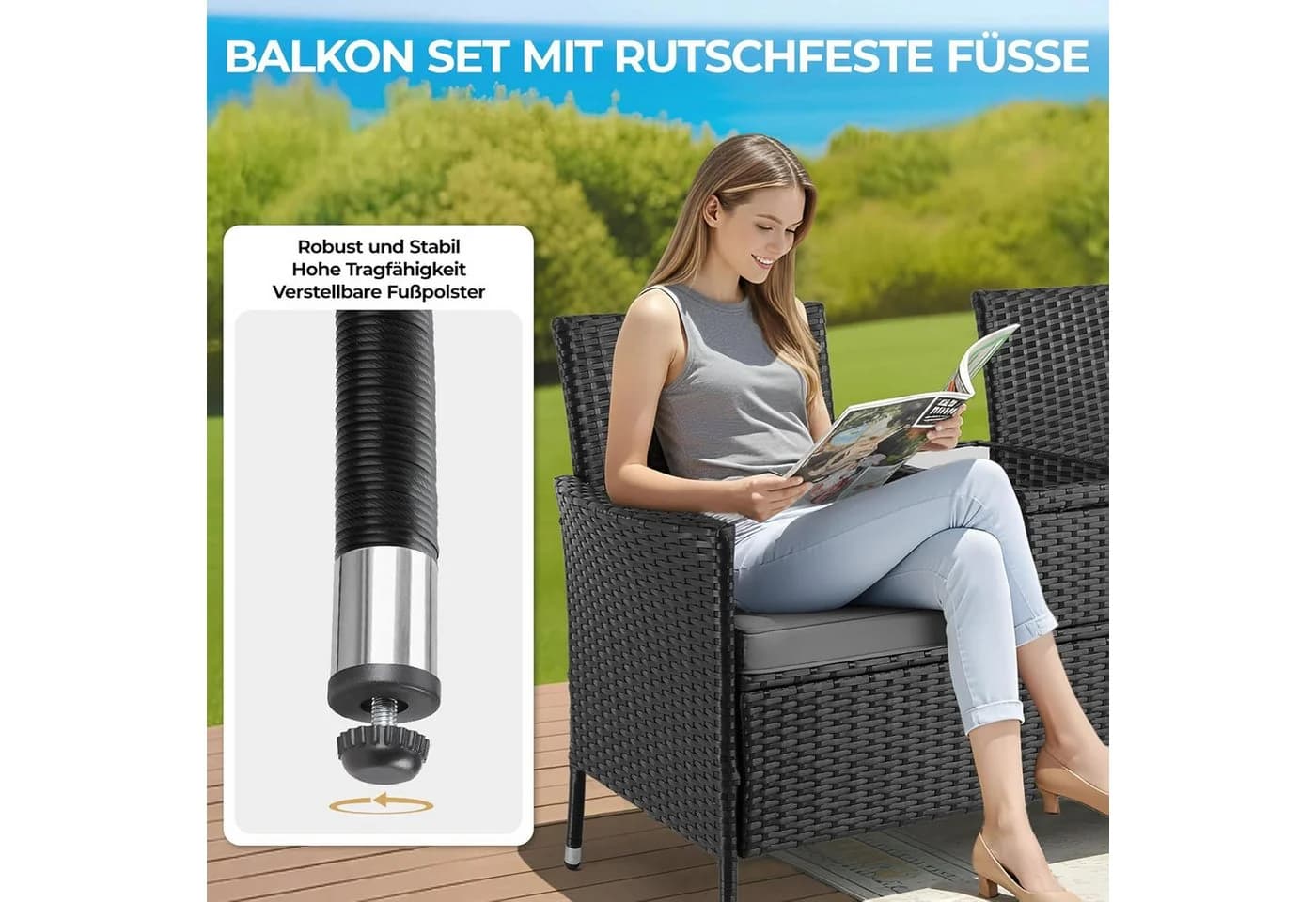 TLGREEN Balkonset Polyrattan Gartenbank 2er Set Schwarz