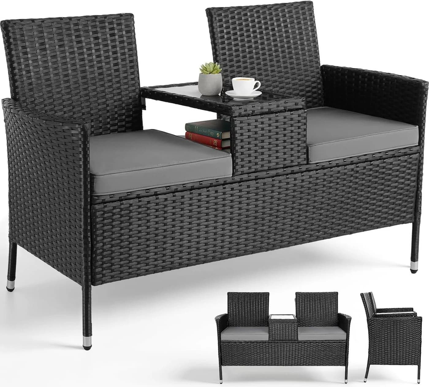 TLGREEN Balkonset Polyrattan Gartenbank 2er Set Schwarz - Bild 2