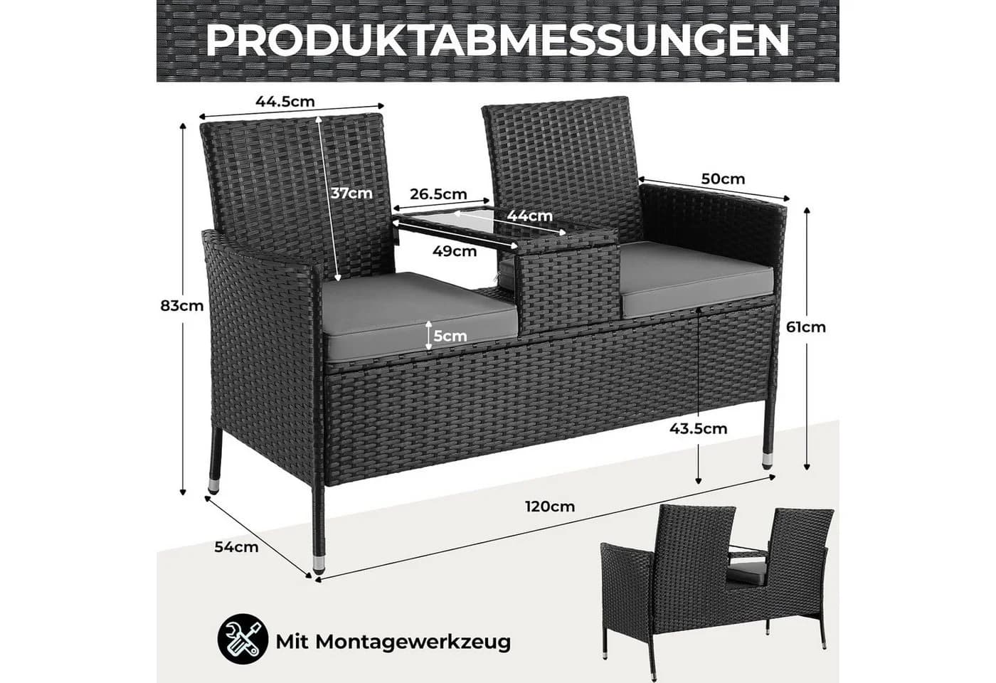 TLGREEN Balkonset Polyrattan Gartenbank 2er Set Schwarz - Bild 3