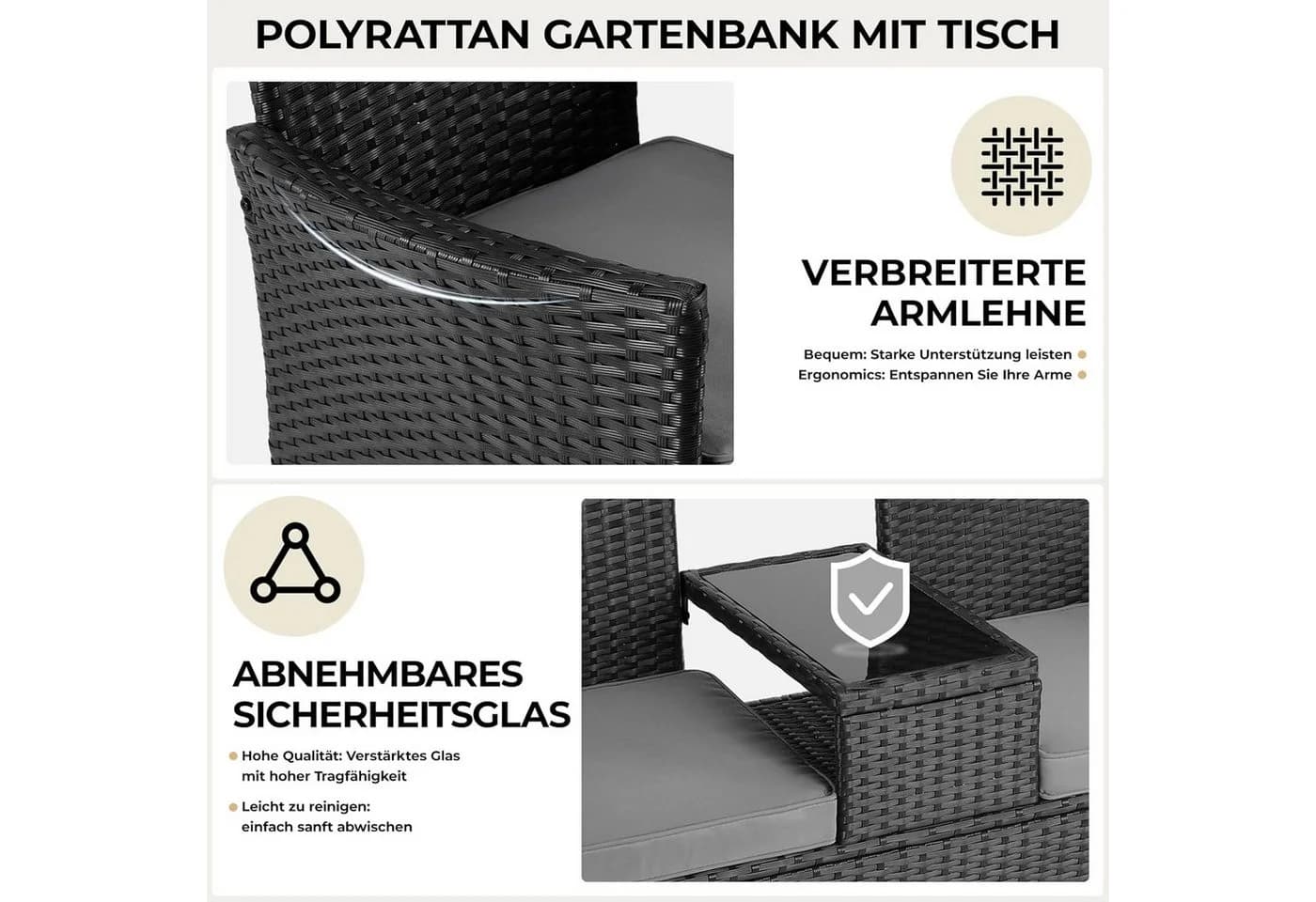 TLGREEN Balkonset Polyrattan Gartenbank 2er Set Schwarz - Bild 4