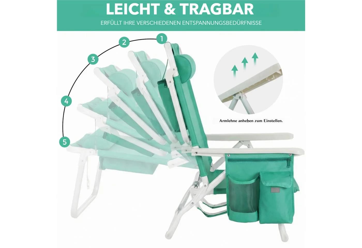 TLGREEN Campingstuhl Faltstuhl 5-fach verstellbar Himmelblau/Seegrün - Bild 5