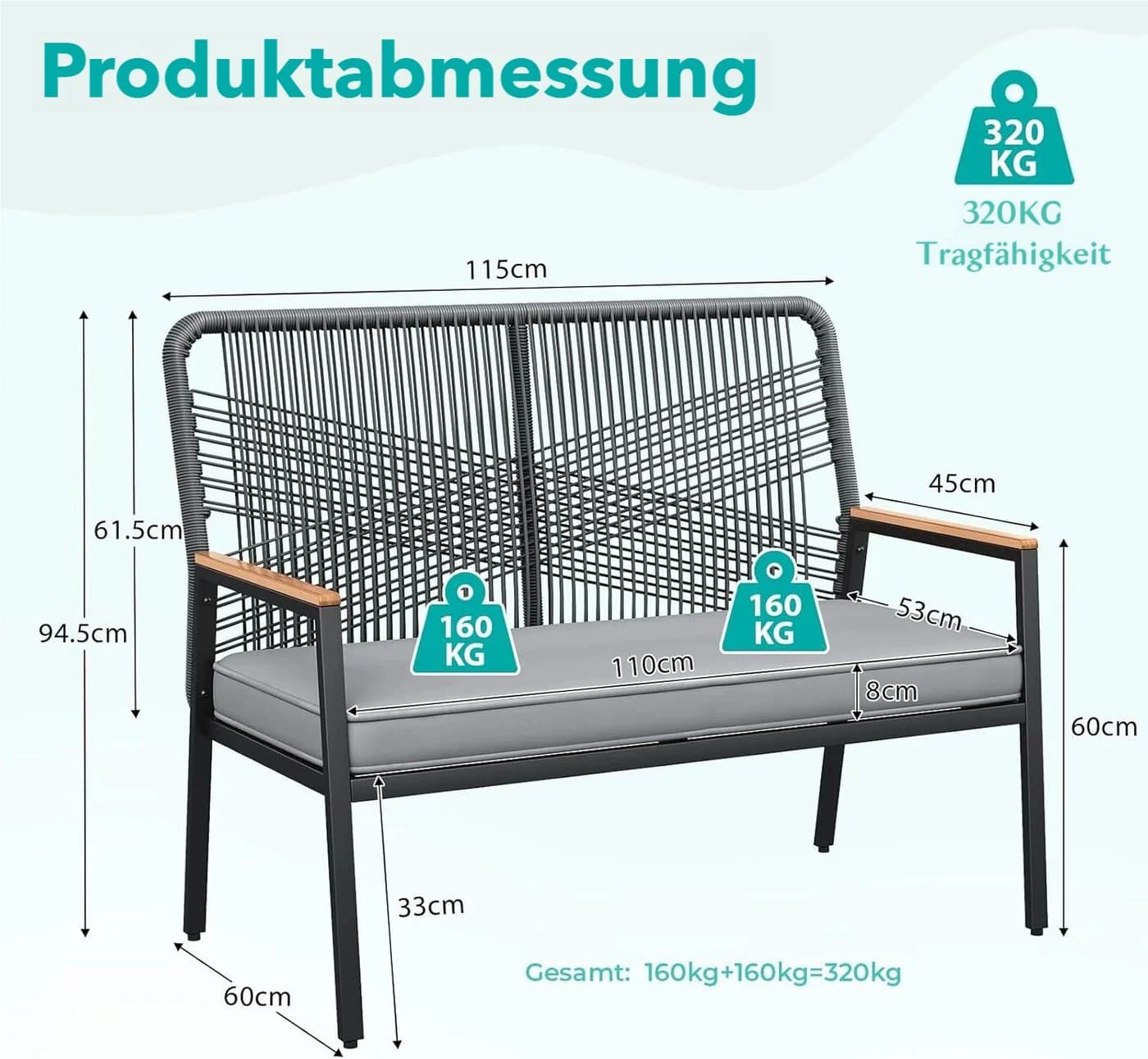 TLGREEN Gartenbank Rattan 2-Sitzer Grau mit Kissen
