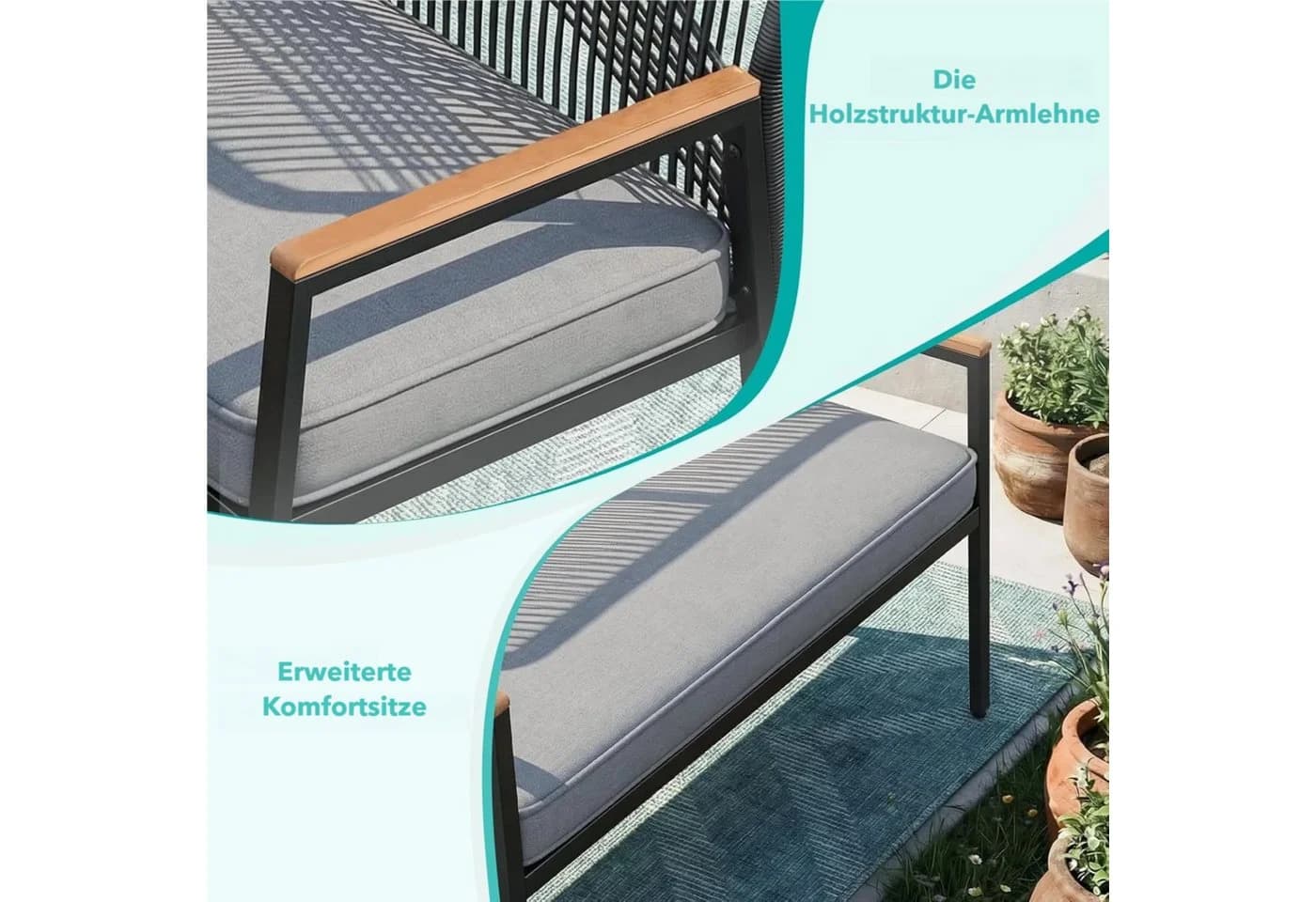 TLGREEN Gartenbank Rattan 2-Sitzer Grau mit Kissen - Bild 3