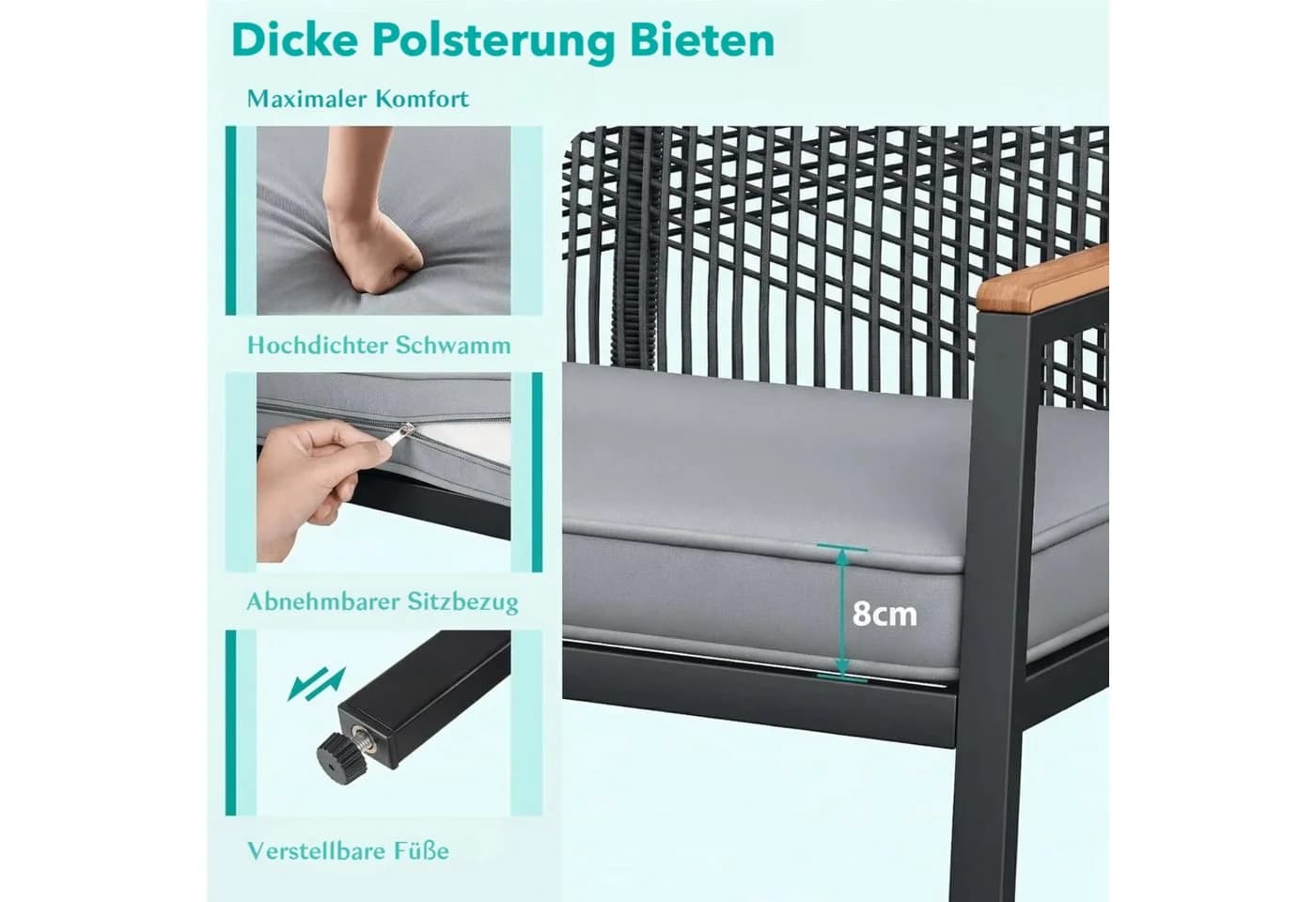 TLGREEN Gartenbank Rattan 2-Sitzer Grau mit Kissen - Bild 5