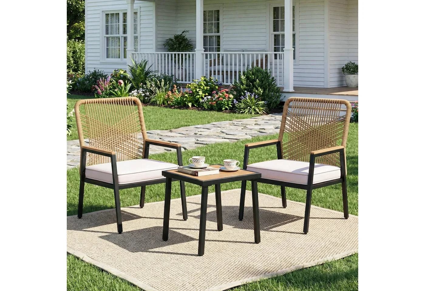 TLGREEN Gartenstuhl Eisen-Rattan Beige mit 8 cm Kissen - Bild 2