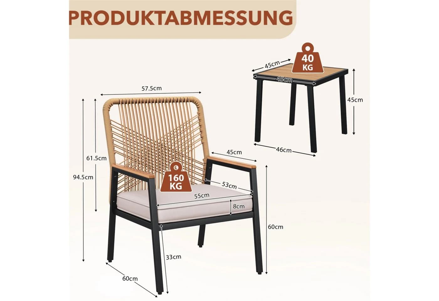 TLGREEN Gartenstuhl Eisen-Rattan Beige mit 8 cm Kissen - Bild 3