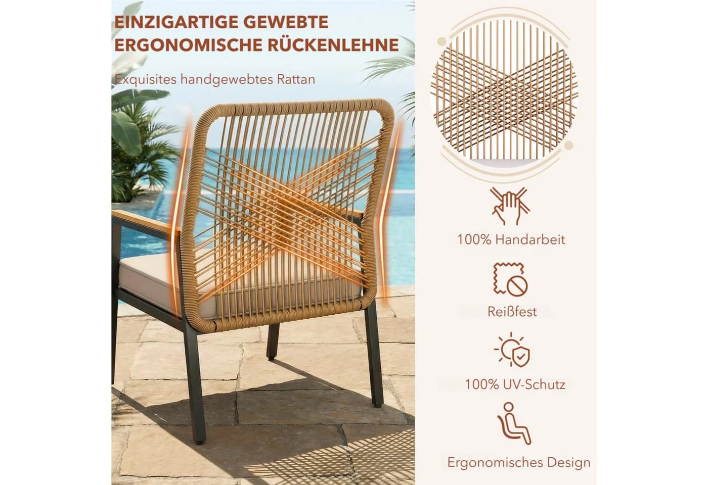 TLGREEN Gartenstuhl Eisen-Rattan Beige mit 8 cm Kissen - Bild 5
