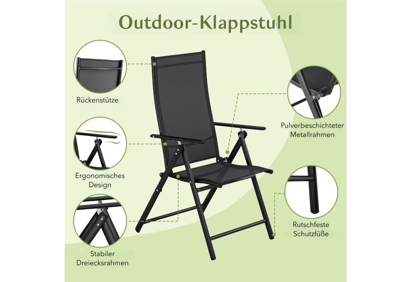 TLGREEN Klappstuhl 2er Set Schwarz Teslin-Gewebe verstellbare Rückenlehne