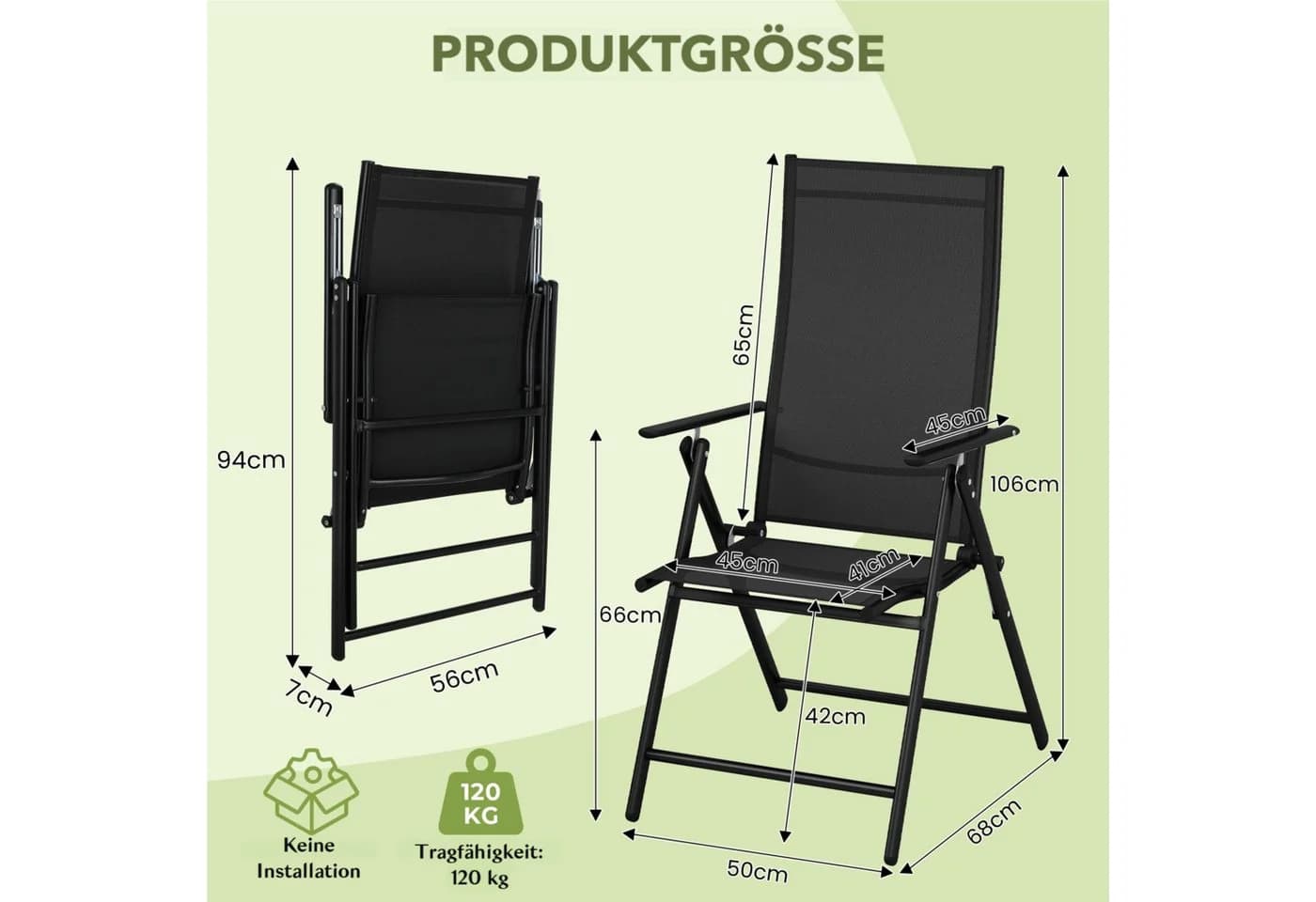TLGREEN Klappstuhl 2er Set Schwarz Teslin-Gewebe verstellbare Rückenlehne - Bild 3