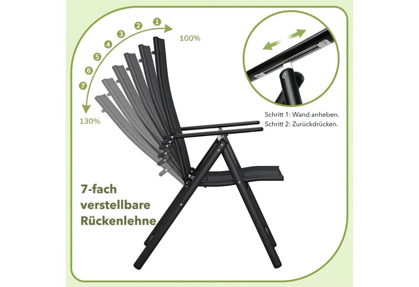 TLGREEN Klappstuhl 2er Set Schwarz Teslin-Gewebe verstellbare Rückenlehne - Bild 4