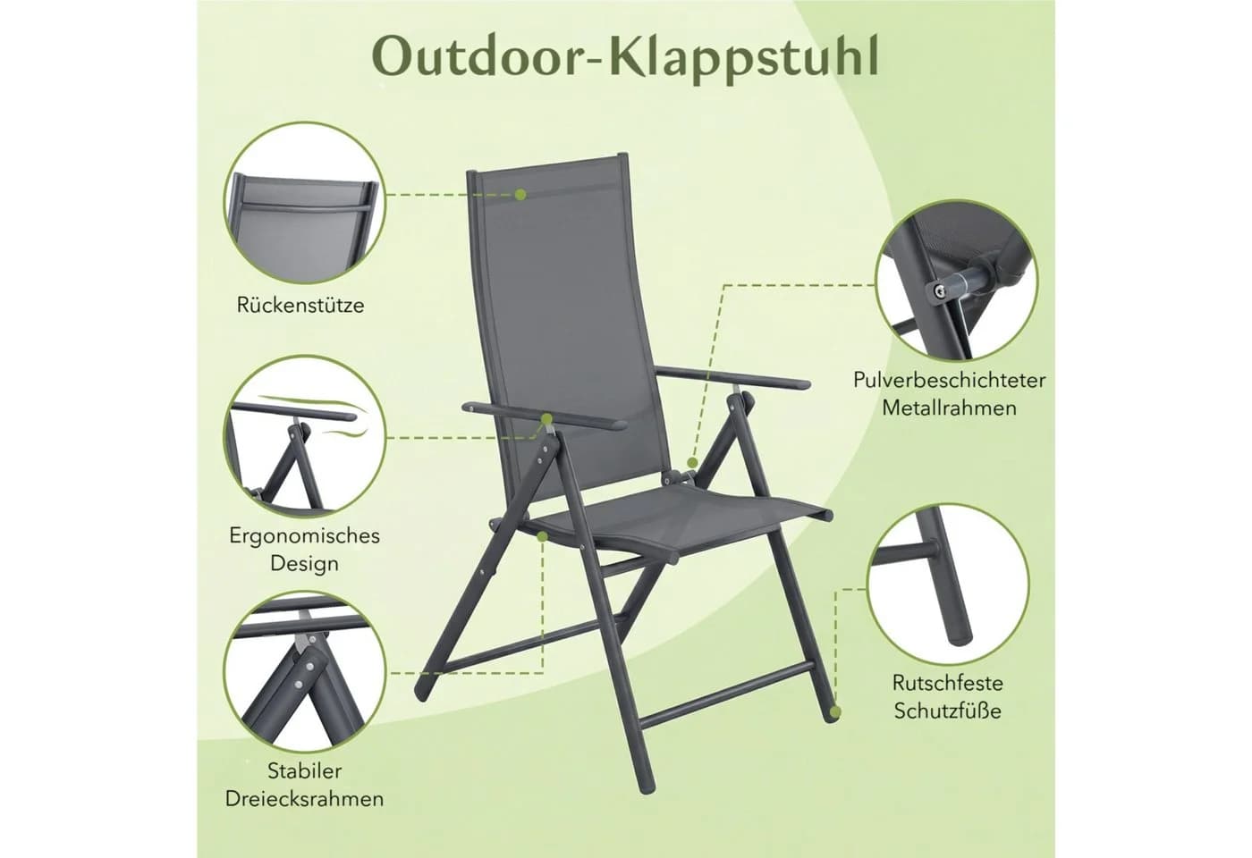 TLGREEN Klappstuhl 2er Set Grau Teslin-Gewebe Verstellbare Rückenlehne