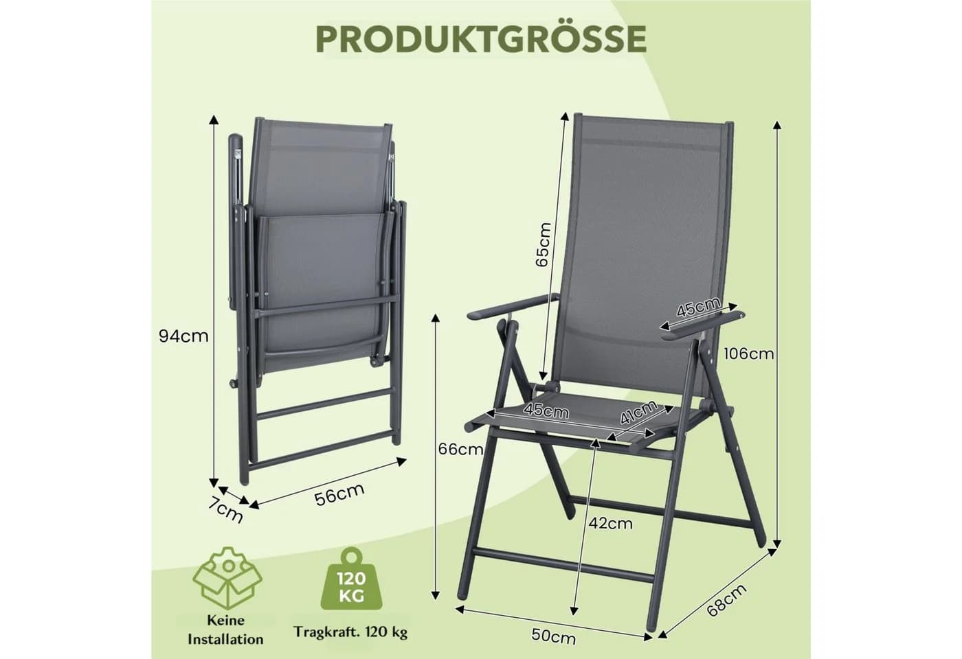 TLGREEN Klappstuhl 2er Set Grau Teslin-Gewebe Verstellbare Rückenlehne - Bild 3