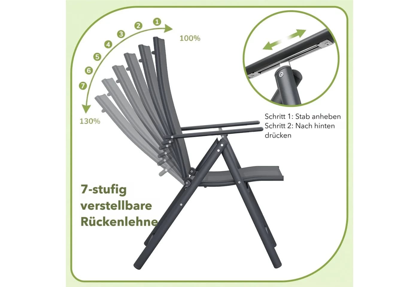 TLGREEN Klappstuhl 2er Set Grau Teslin-Gewebe Verstellbare Rückenlehne - Bild 4
