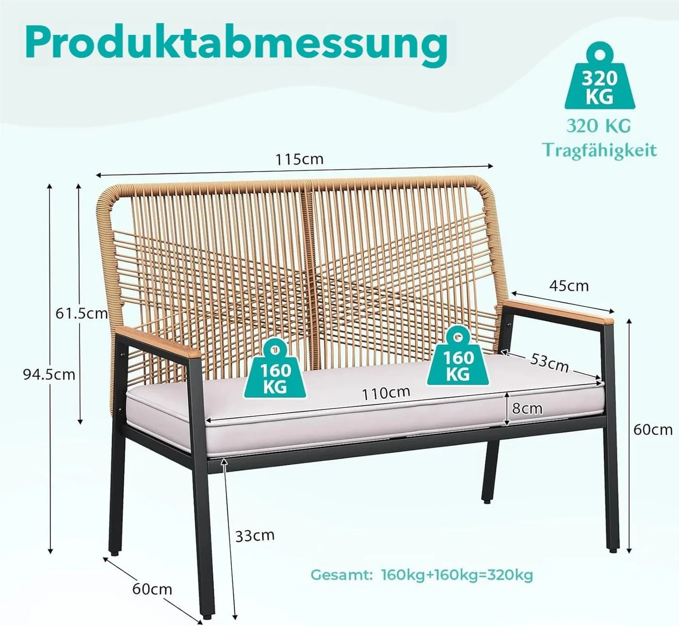 TLGREEN Gartenbank Rattan 2-Sitzer Beige mit Kissen