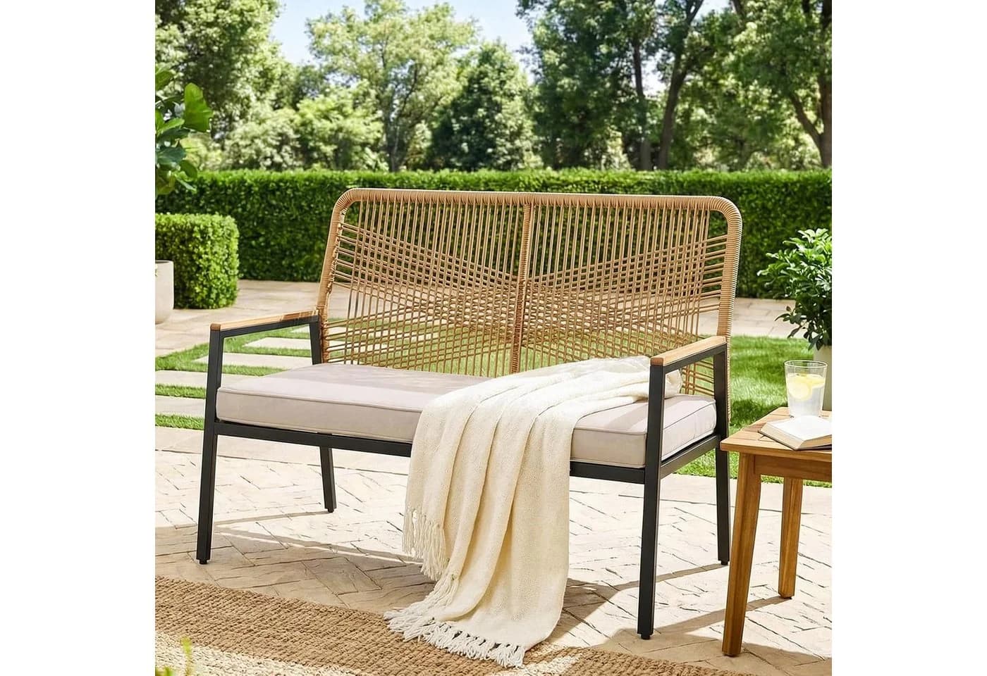 TLGREEN Gartenbank Rattan 2-Sitzer Beige mit Kissen - Bild 2