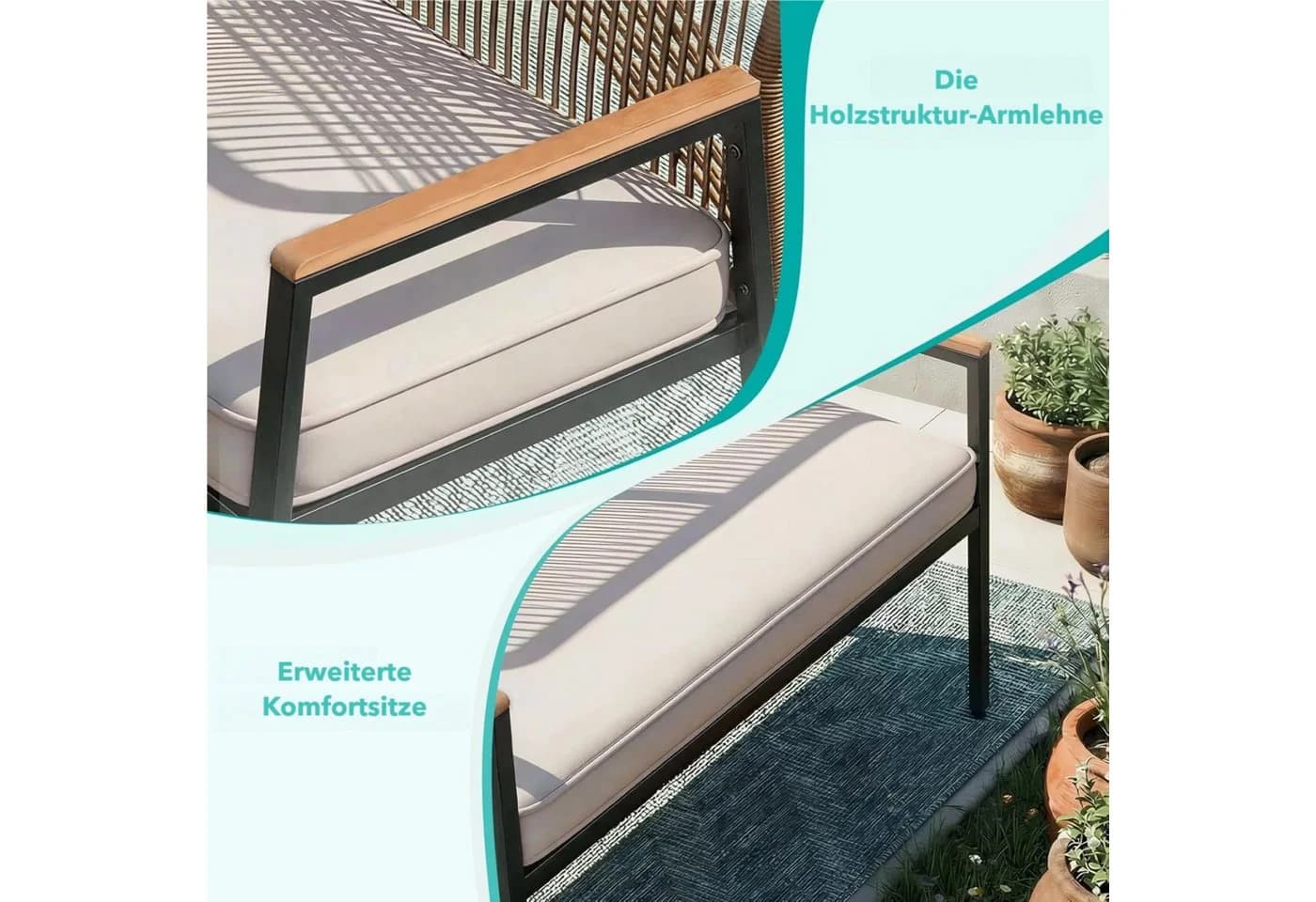 TLGREEN Gartenbank Rattan 2-Sitzer Beige mit Kissen - Bild 3