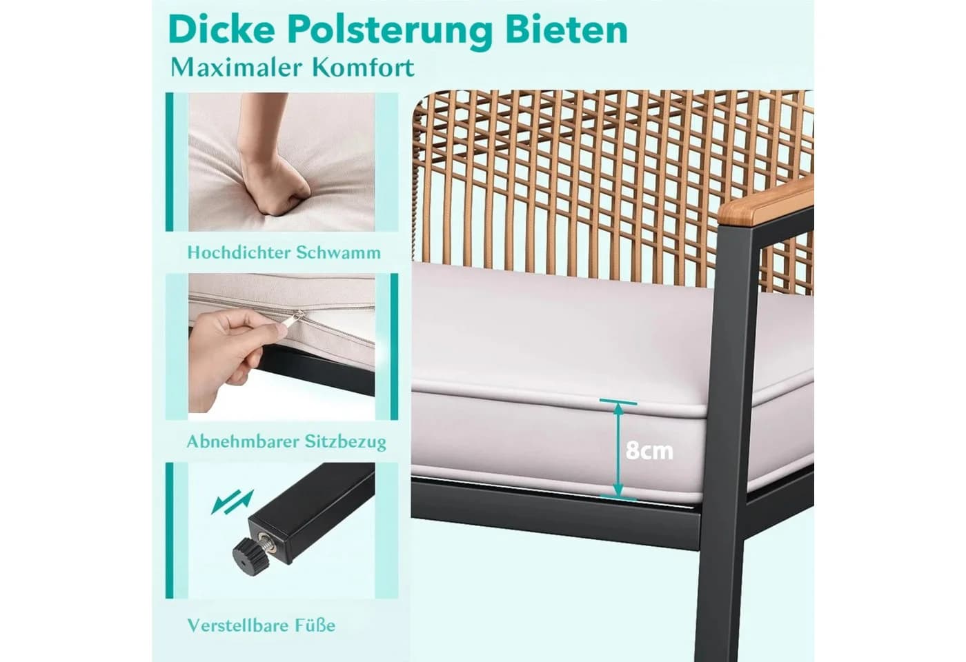 TLGREEN Gartenbank Rattan 2-Sitzer Beige mit Kissen - Bild 5