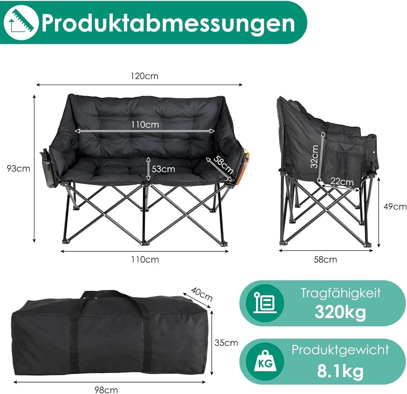 TLGREEN Campingstuhl Doppel Klappbar 320KG Belastbar Gepolstert Schwarz - Bild 3