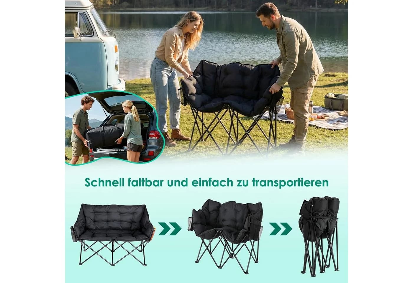 TLGREEN Campingstuhl Doppel Klappbar 320KG Belastbar Gepolstert Schwarz - Bild 5