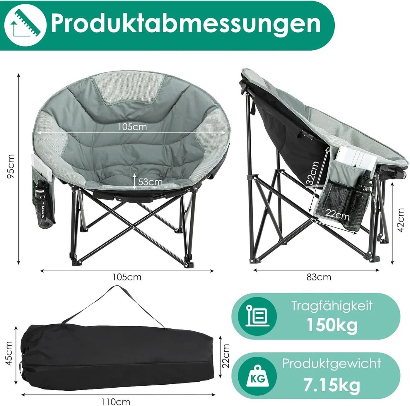 TLGREEN Campingstuhl Moonchair XXL Grau Klappbar 150kg - Bild 3