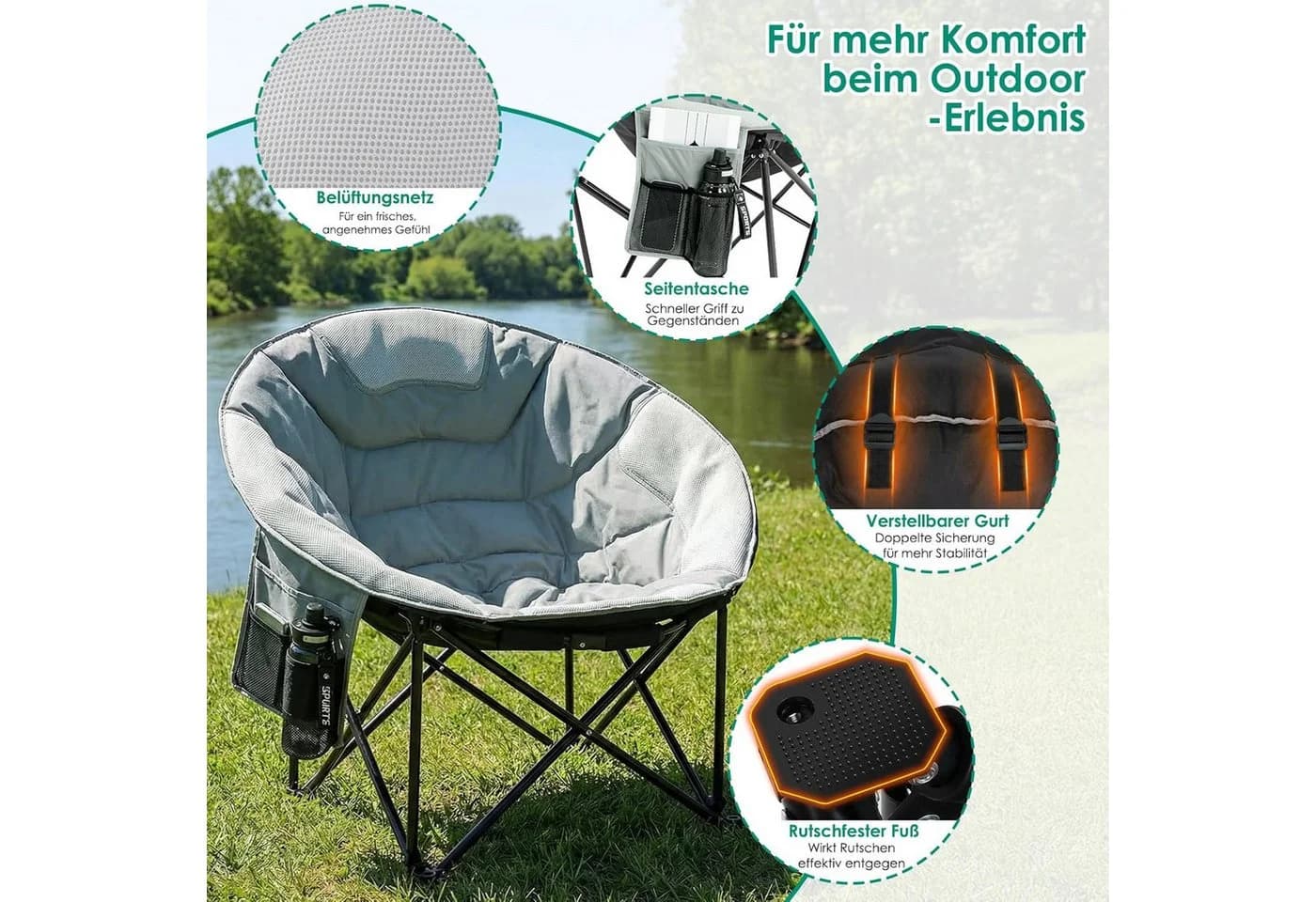 TLGREEN Campingstuhl Moonchair XXL Grau Klappbar 150kg - Bild 4