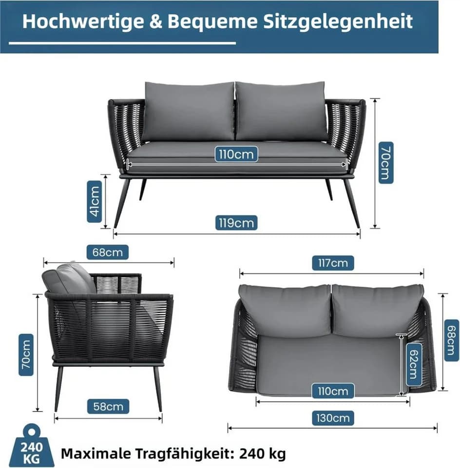 TLGREEN Gartenbank Polyrattan 2-Sitzer Sofa Schwarz