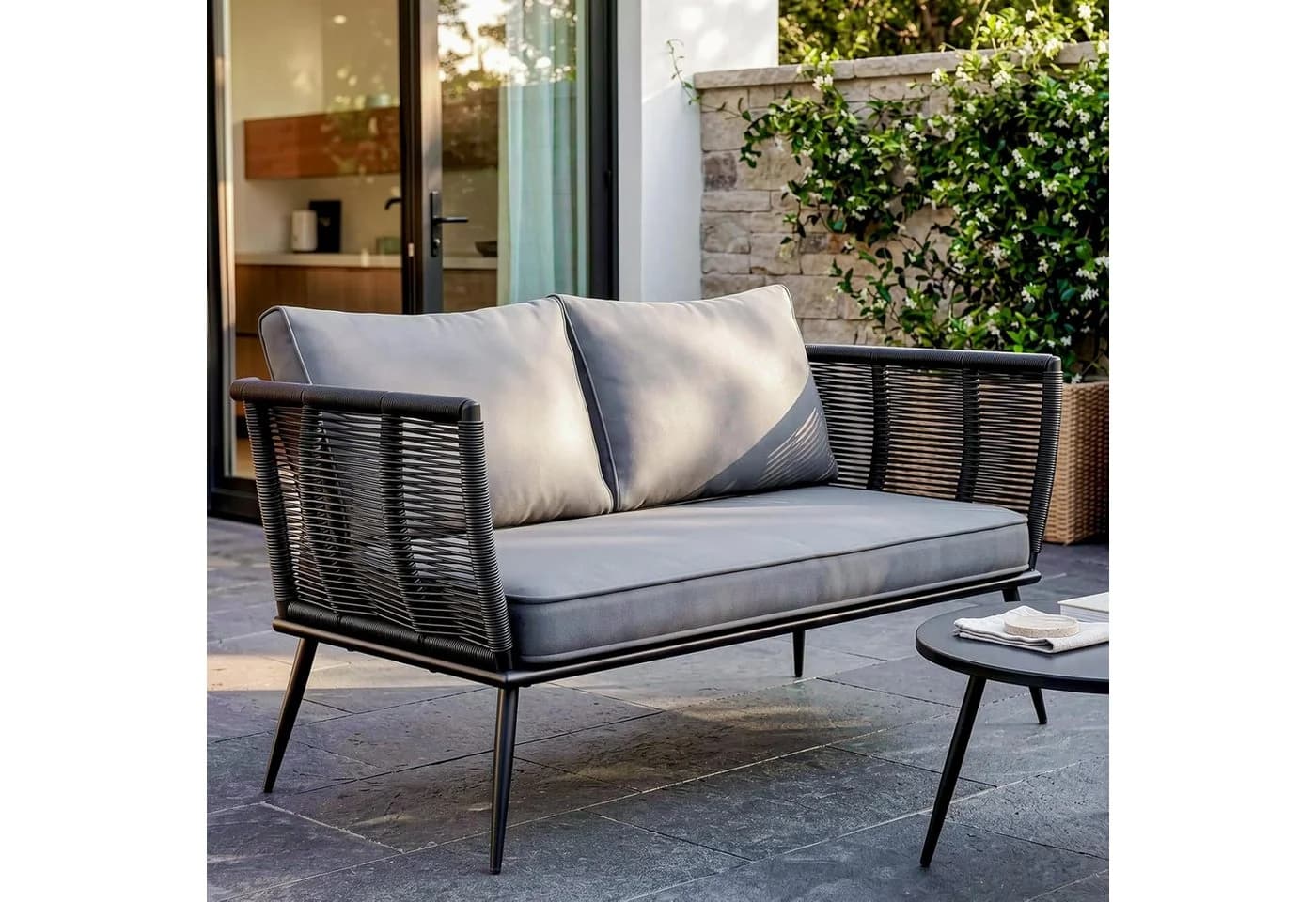 TLGREEN Gartenbank Polyrattan 2-Sitzer Sofa Schwarz - Bild 2