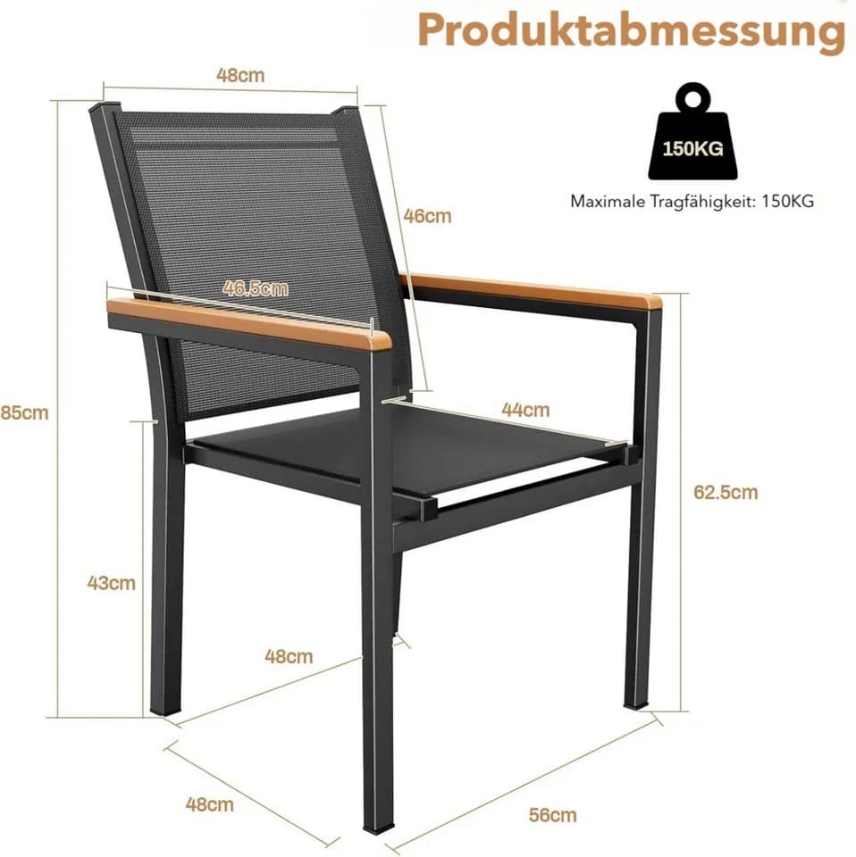 TLGREEN Stapelstuhl Aluminium Outdoor mit WPC-Armlehnen Schwarz