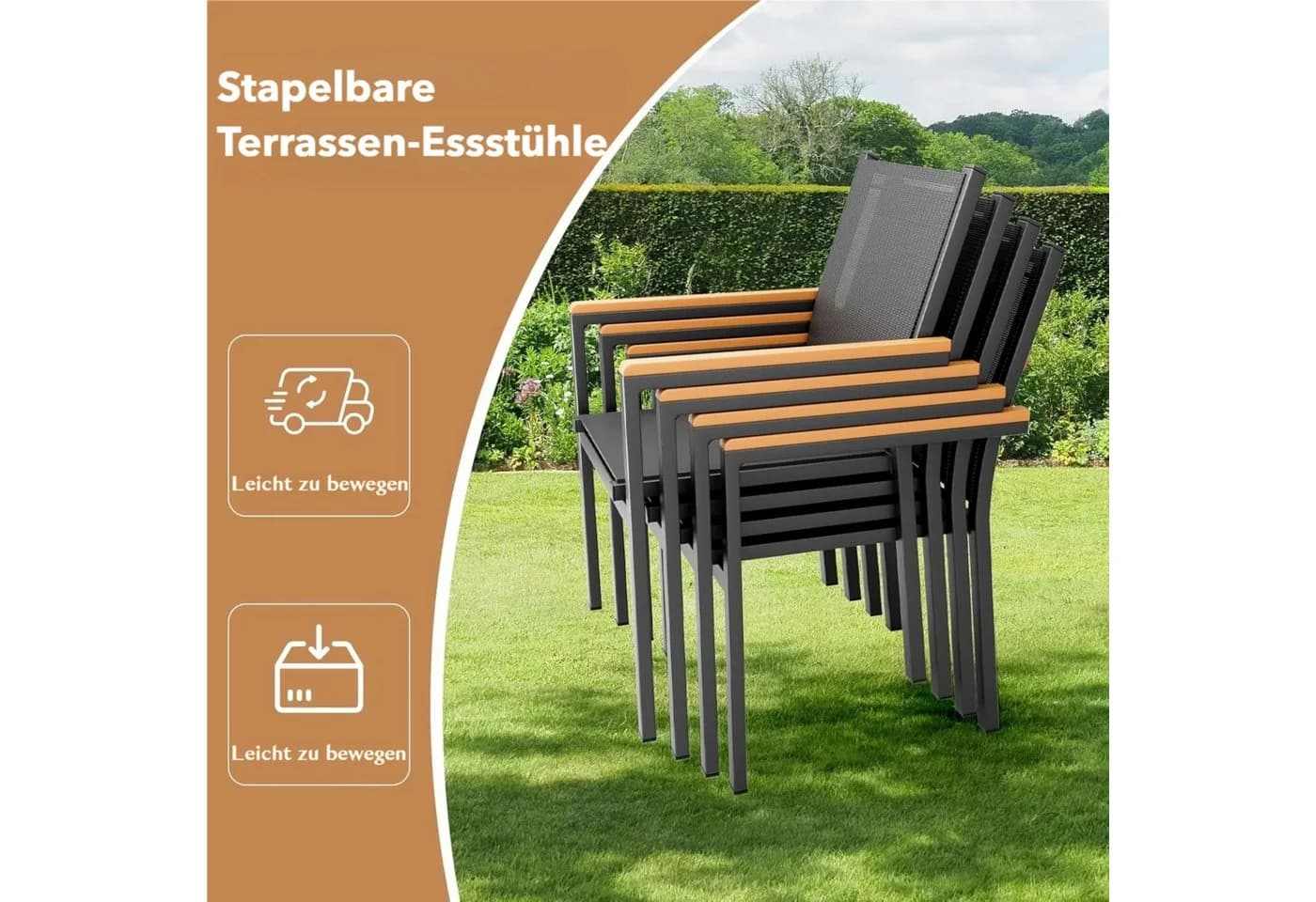 TLGREEN Stapelstuhl Aluminium Outdoor mit WPC-Armlehnen Schwarz - Bild 3