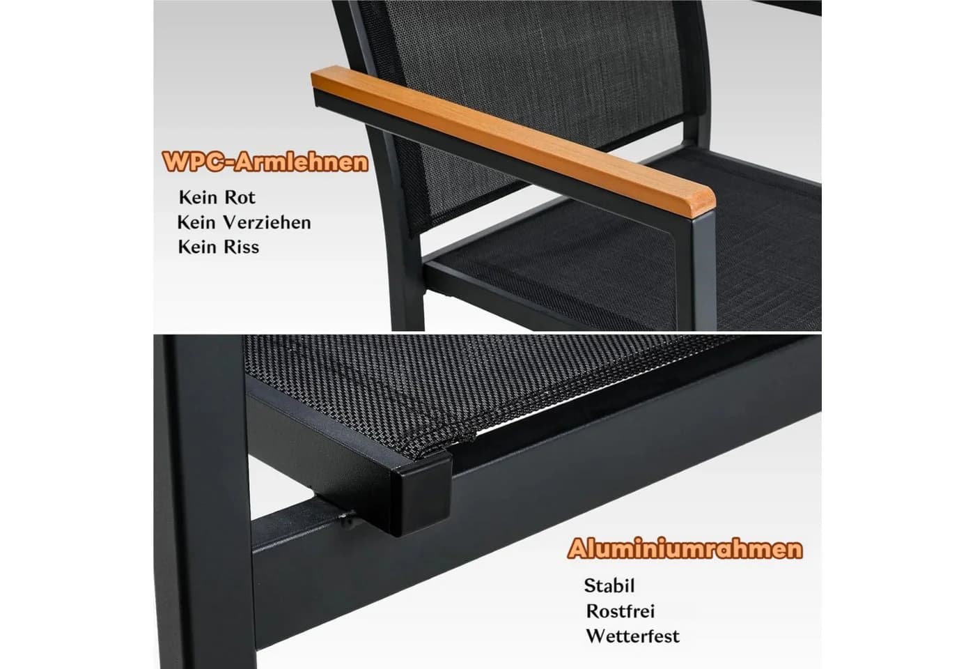 TLGREEN Stapelstuhl Aluminium Outdoor mit WPC-Armlehnen Schwarz - Bild 4