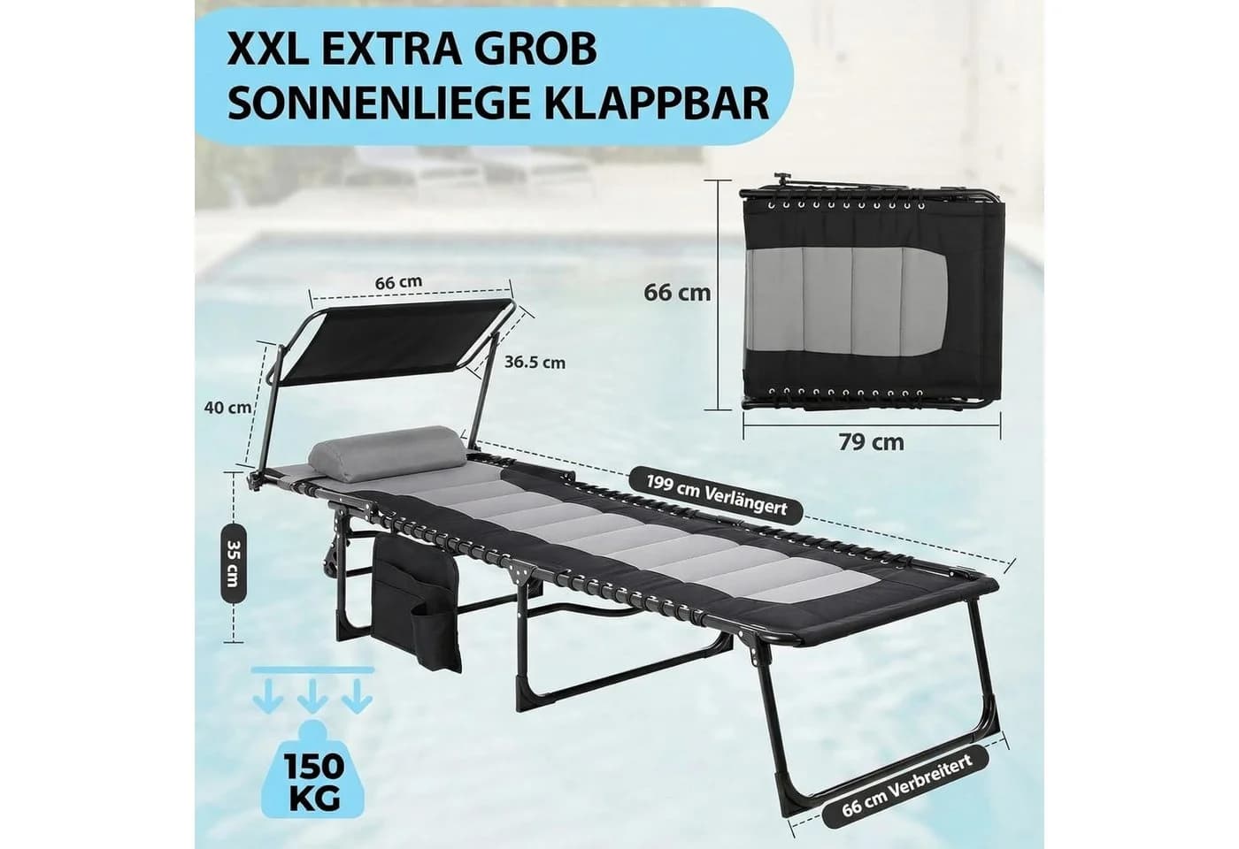 TLGREEN Gartenliege XXL klappbar mit Dach, 199 × 66 cm, verstellbar, schwarz - Bild 3