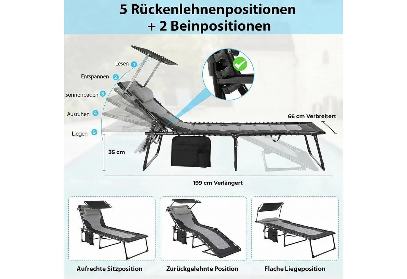 TLGREEN Gartenliege XXL klappbar mit Dach, 199 × 66 cm, verstellbar, schwarz - Bild 5