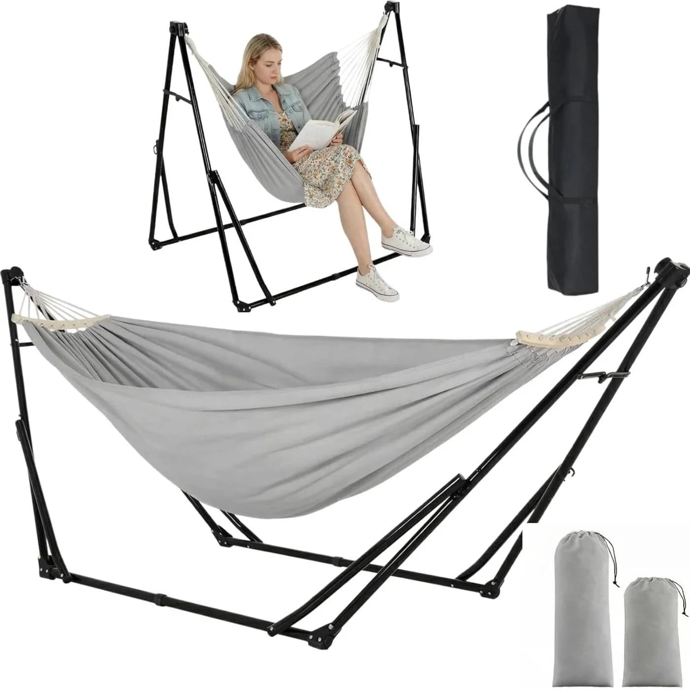TLGREEN Hängematte mit Gestell 2-in-1 Grau Schwarz - Bild 2