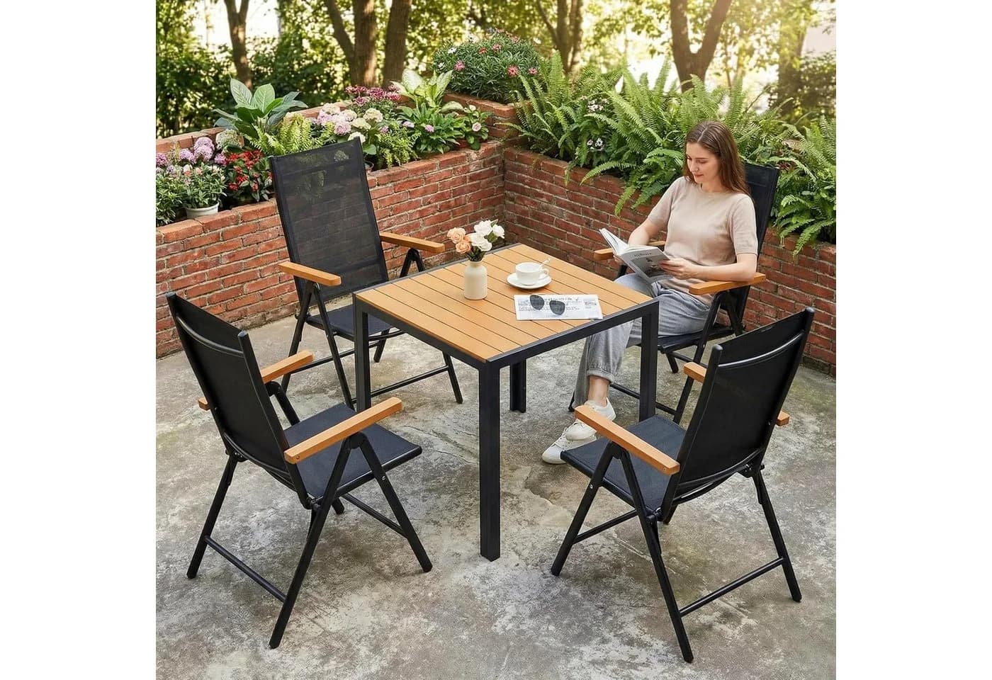 TLGREEN Garten-Essgruppe 5-tlg. Aluminium mit WPC-Tisch & Klappstühlen