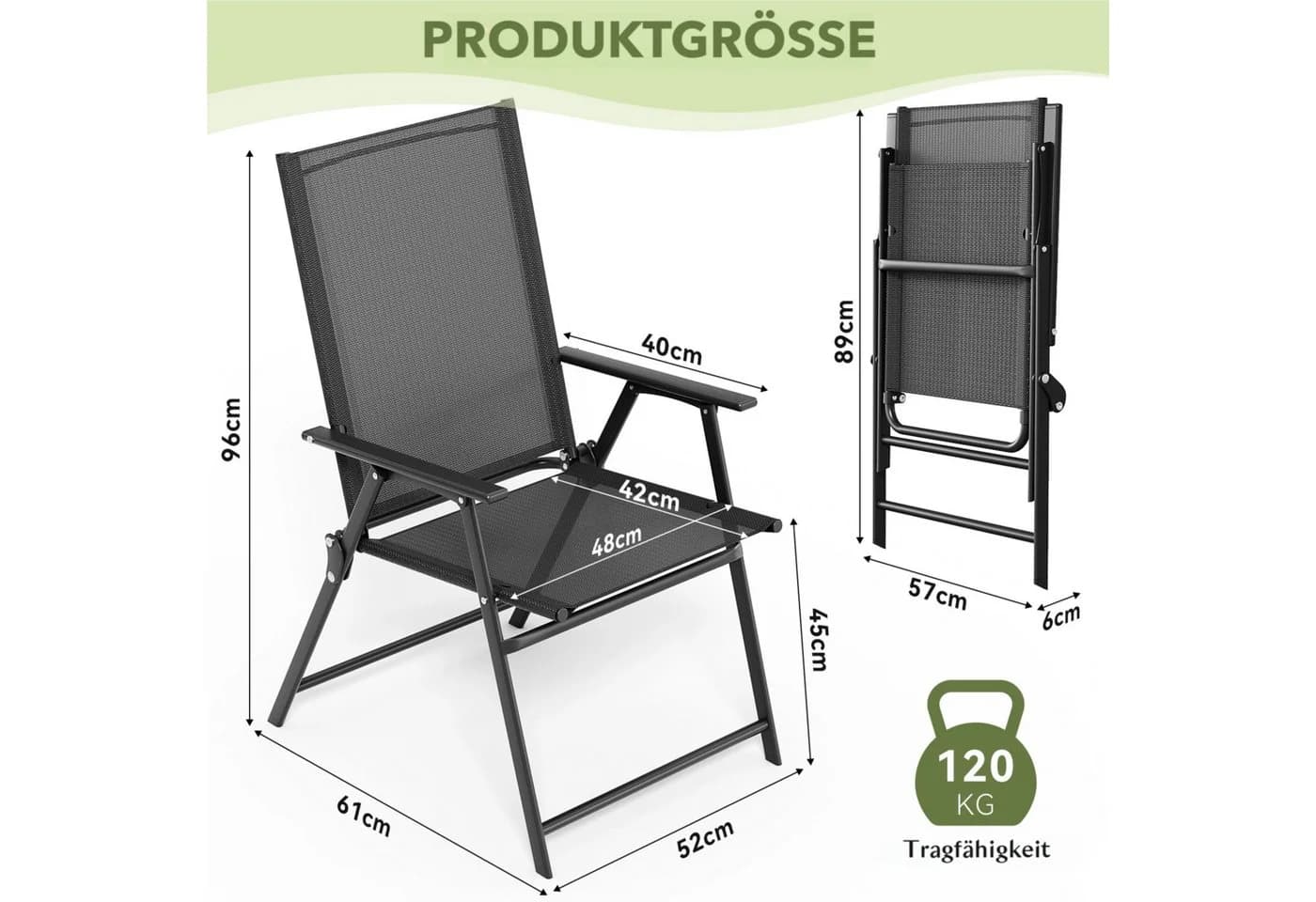 TLGREEN Klappstuhl mit Teslin-Gewebe Schwarz Grau