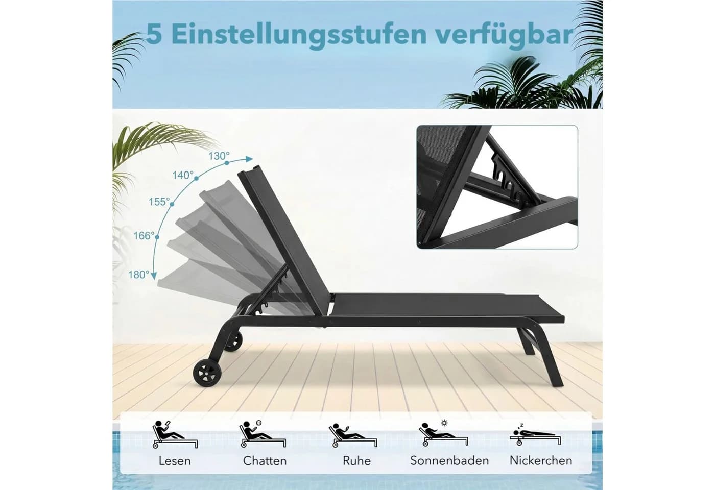TLGREEN Gartenliege 5-fach verstellbar mit Textilene-Bezug und Rädern - Bild 4