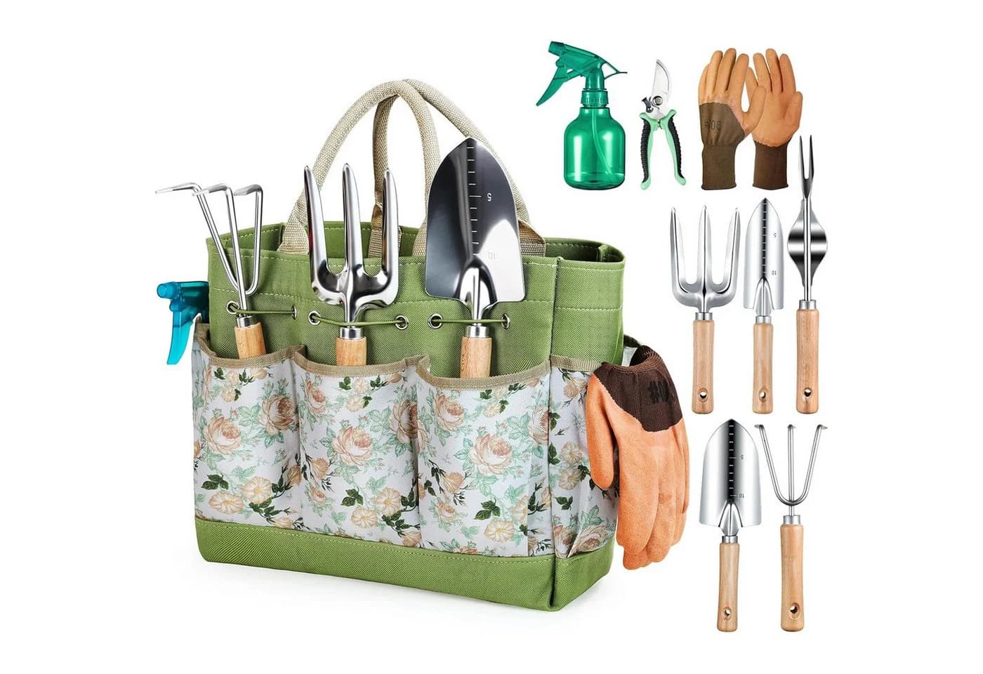 SURFOU Gartenpflege-Set 9tlg. Buchenholz Edelstahl mit Tasche - Bild 2