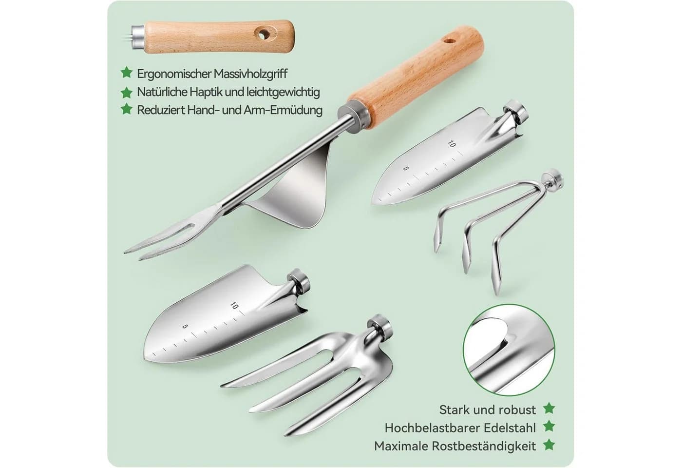 SURFOU Gartenpflege-Set 9tlg. Buchenholz Edelstahl mit Tasche - Bild 4